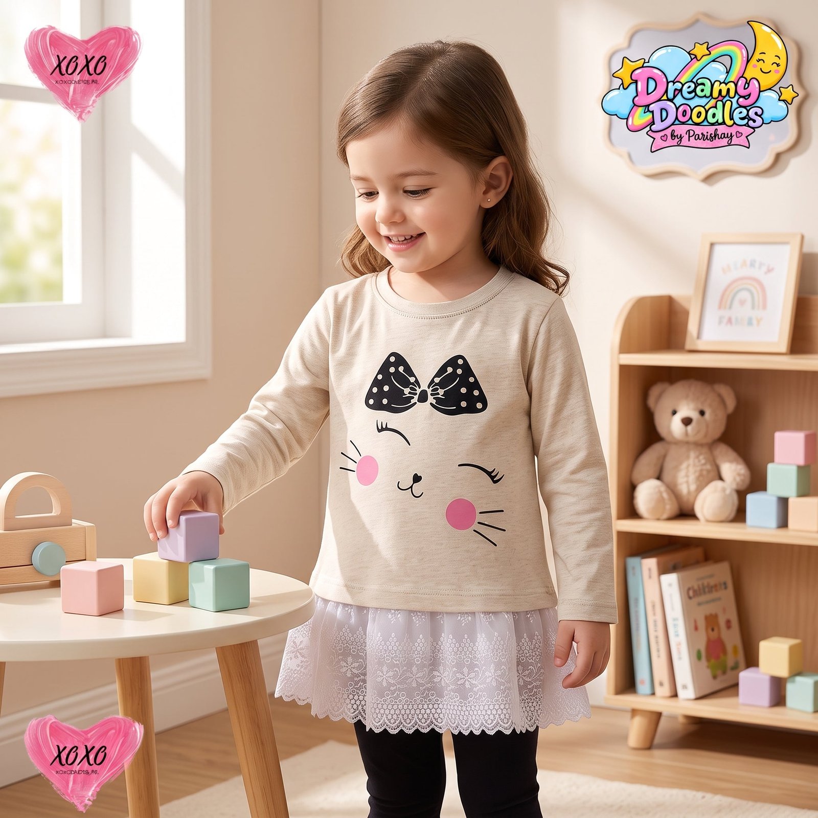 Dreamy Doodles Beige Kitty Bow Lace Hem Girls Top