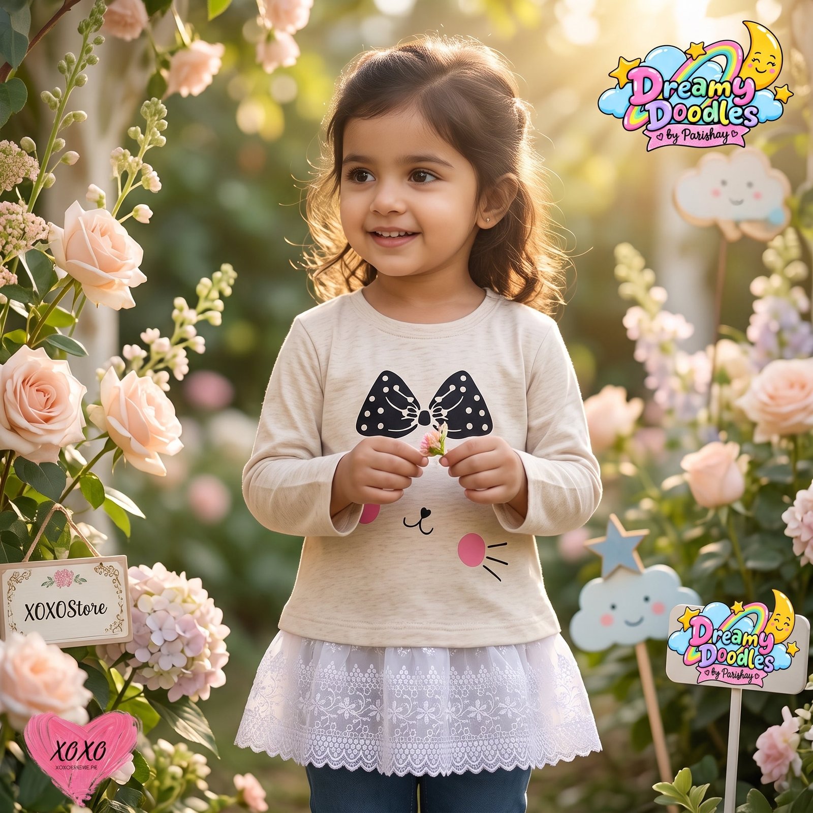 Dreamy Doodles Beige Kitty Bow Lace Hem Girls Top — view 2