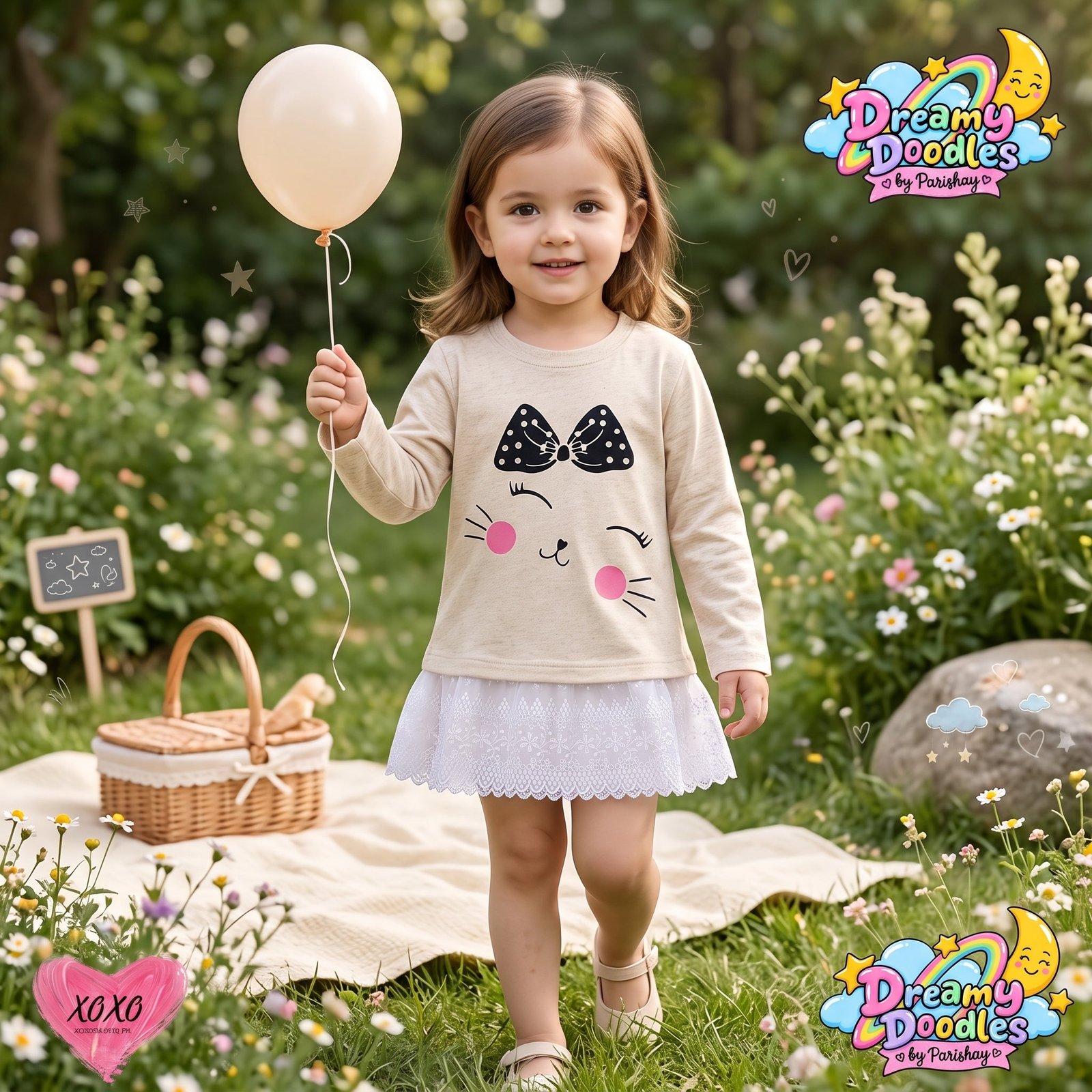 Dreamy Doodles Beige Kitty Bow Lace Hem Girls Top — view 3