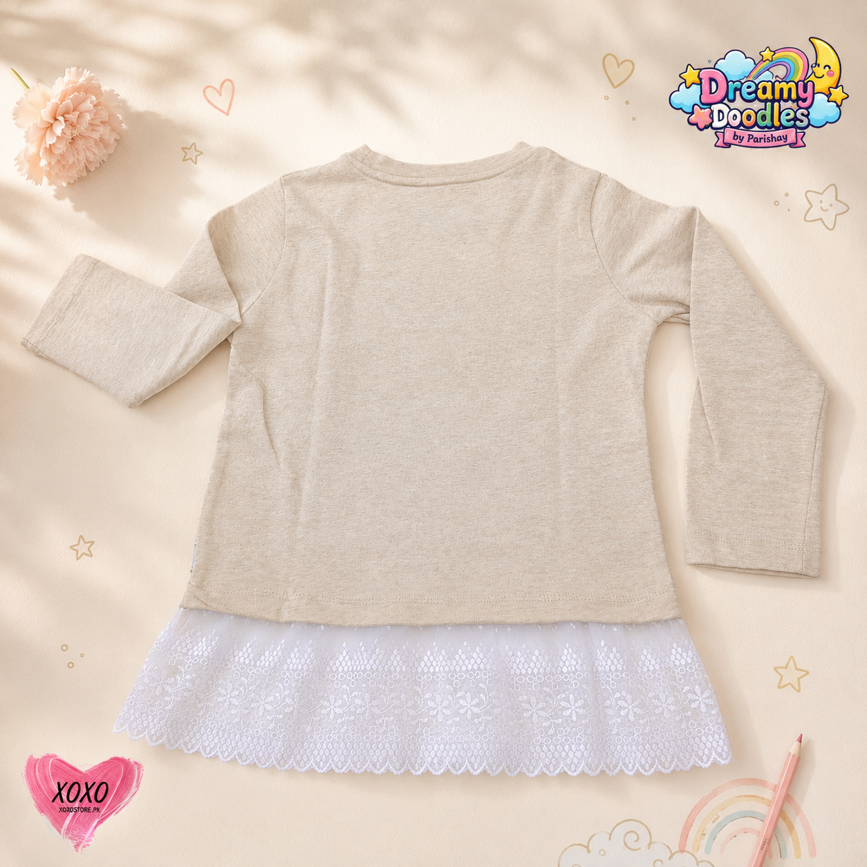 Dreamy Doodles Beige Kitty Bow Lace Hem Girls Top — view 4