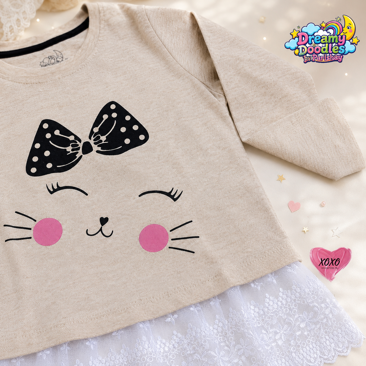 Dreamy Doodles Beige Kitty Bow Lace Hem Girls Top — view 5