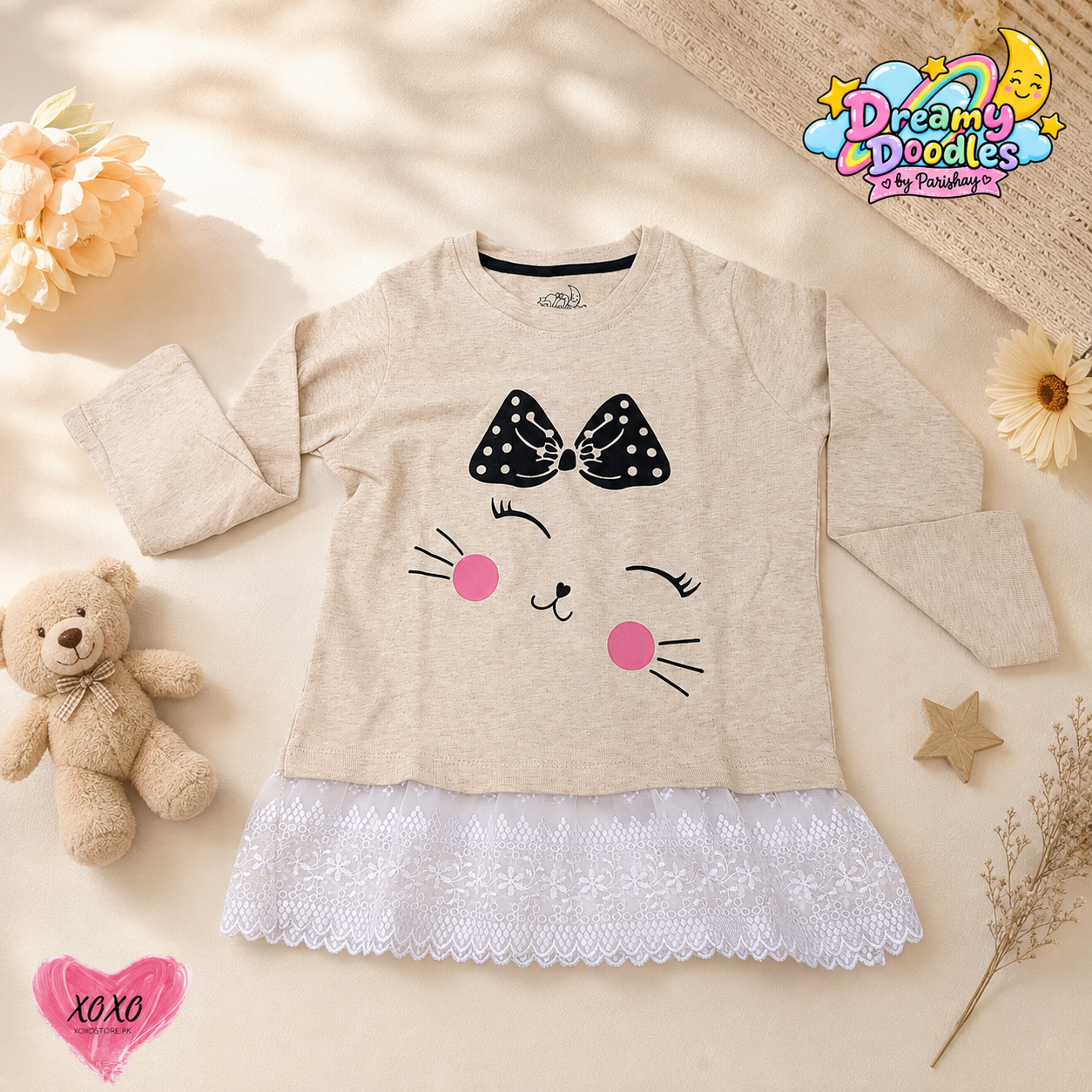 Dreamy Doodles Beige Kitty Bow Lace Hem Girls Top — view 6