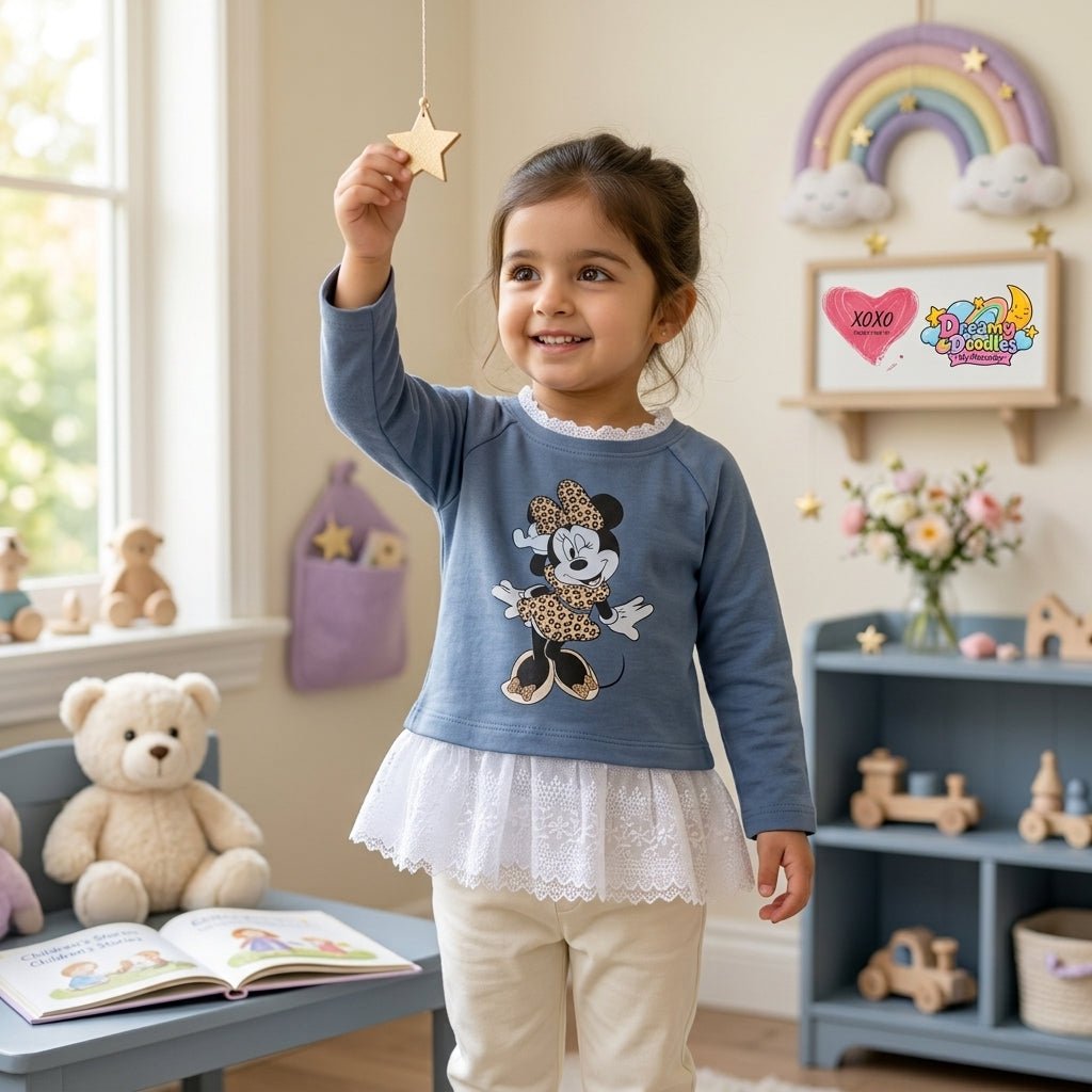 Dreamy Doodles Blue Lace Hem Mouse Print Girls Top