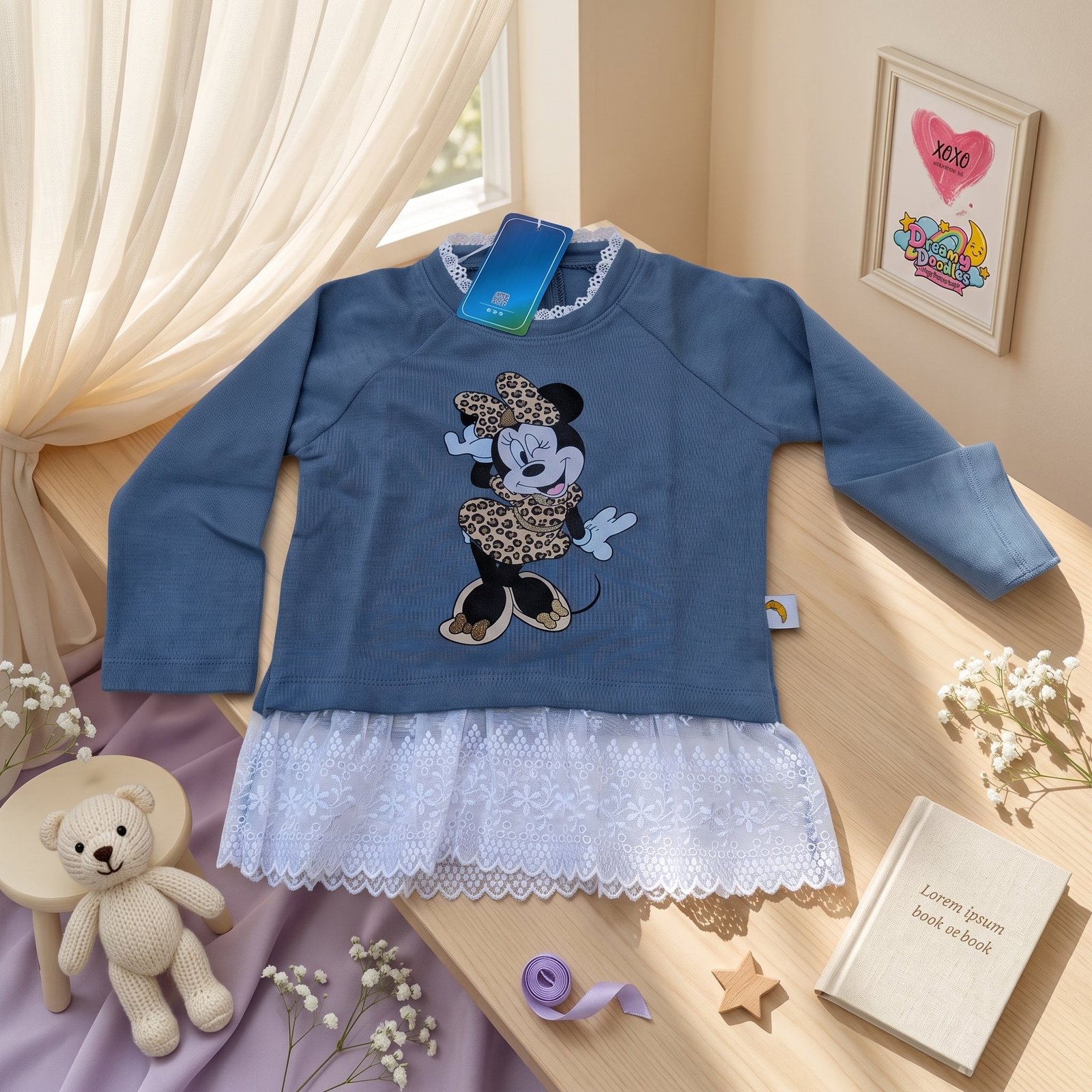 Dreamy Doodles Blue Lace Hem Mouse Print Girls Top — view 2
