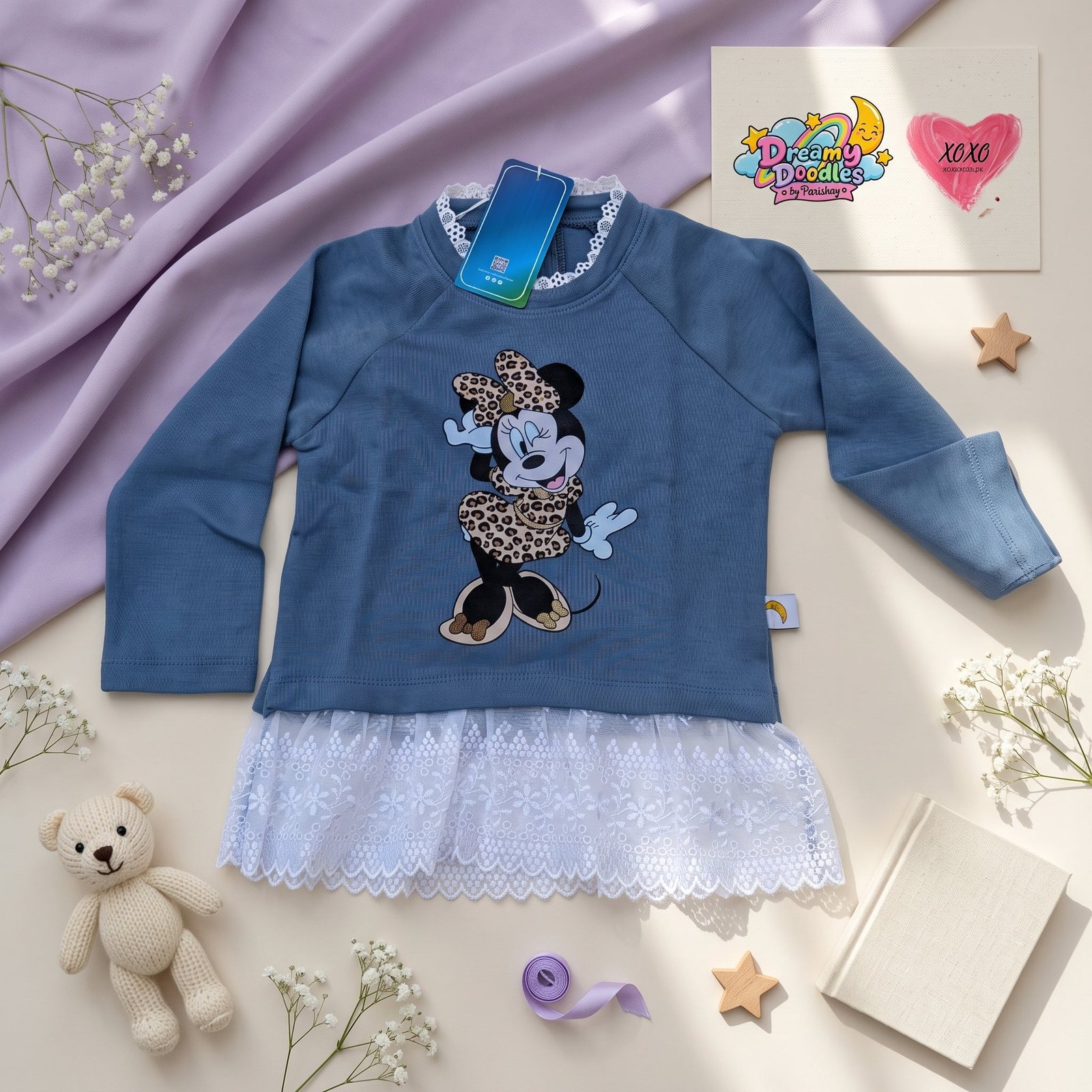 Dreamy Doodles Blue Lace Hem Mouse Print Girls Top — view 3