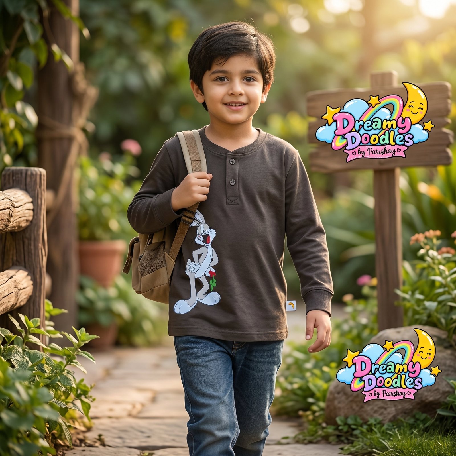 Dreamy Doodles Bugs Bunny Henley Boys Full-Sleeve Top