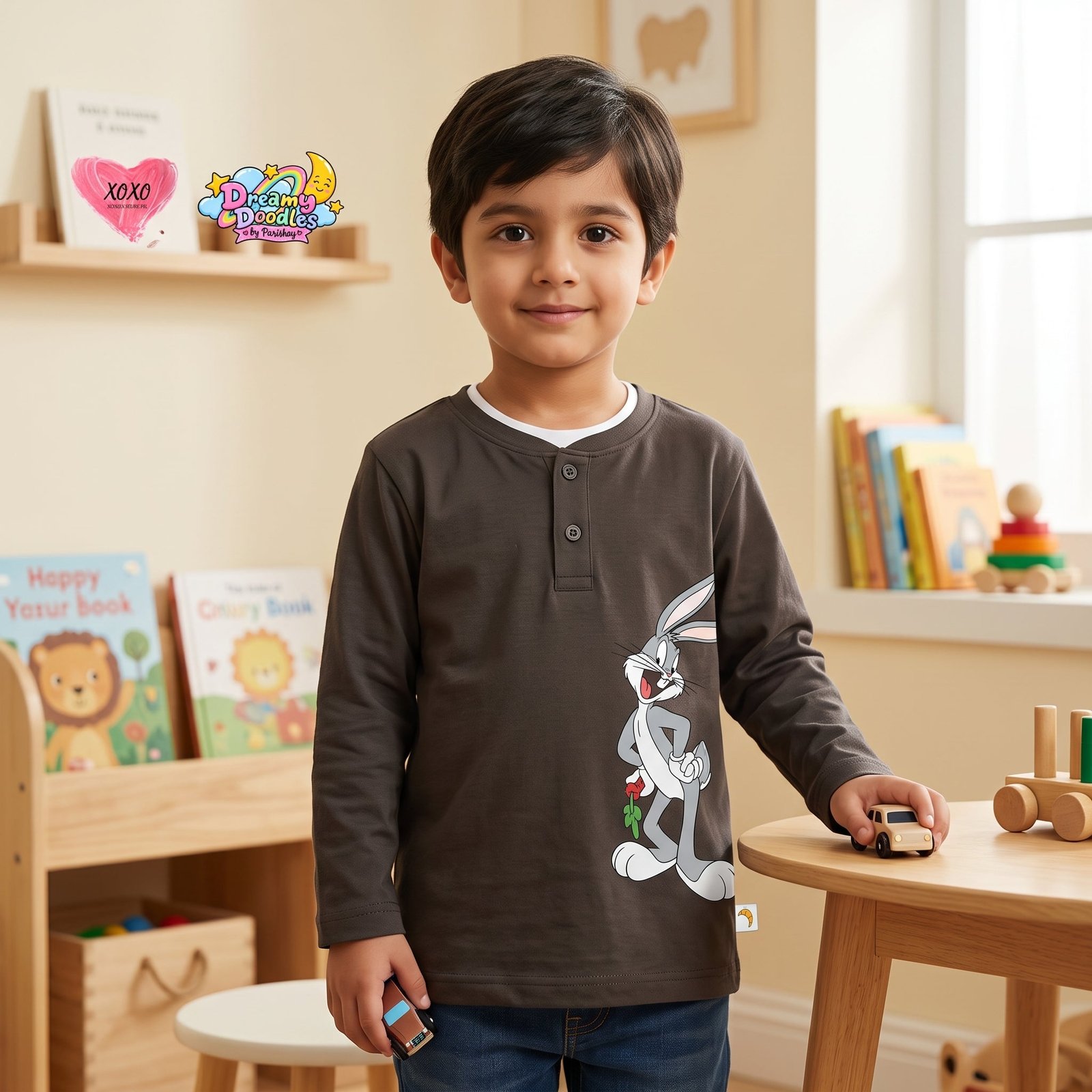Dreamy Doodles Bugs Bunny Henley Boys Full-Sleeve Top — view 2
