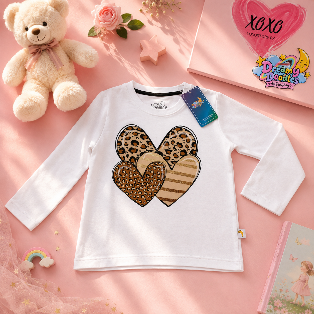 Dreamy Doodles Leopard Heart Bow Girls Full-Sleeve Top — view 3