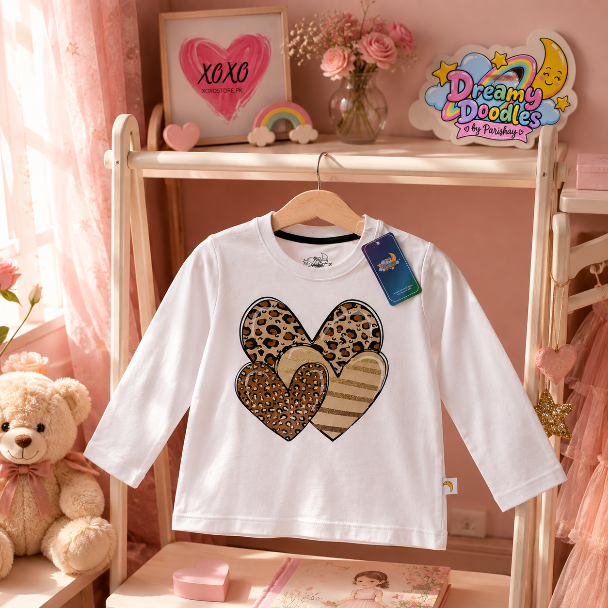 Dreamy Doodles Leopard Heart Bow Girls Full-Sleeve Top — view 4