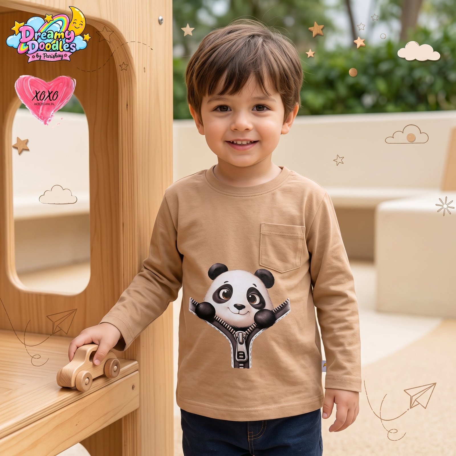 Dreamy Doodles Panda Zip-Up Design Boys Full-Sleeve Top