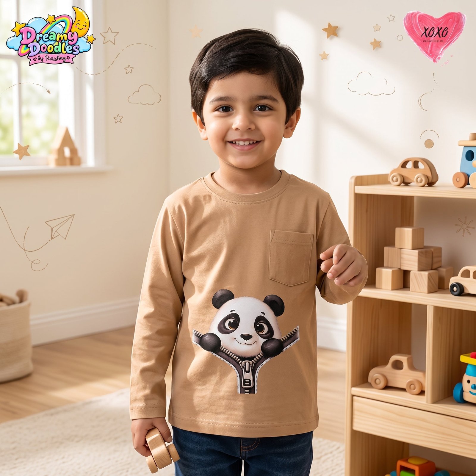 Dreamy Doodles Panda Zip-Up Design Boys Full-Sleeve Top — view 3