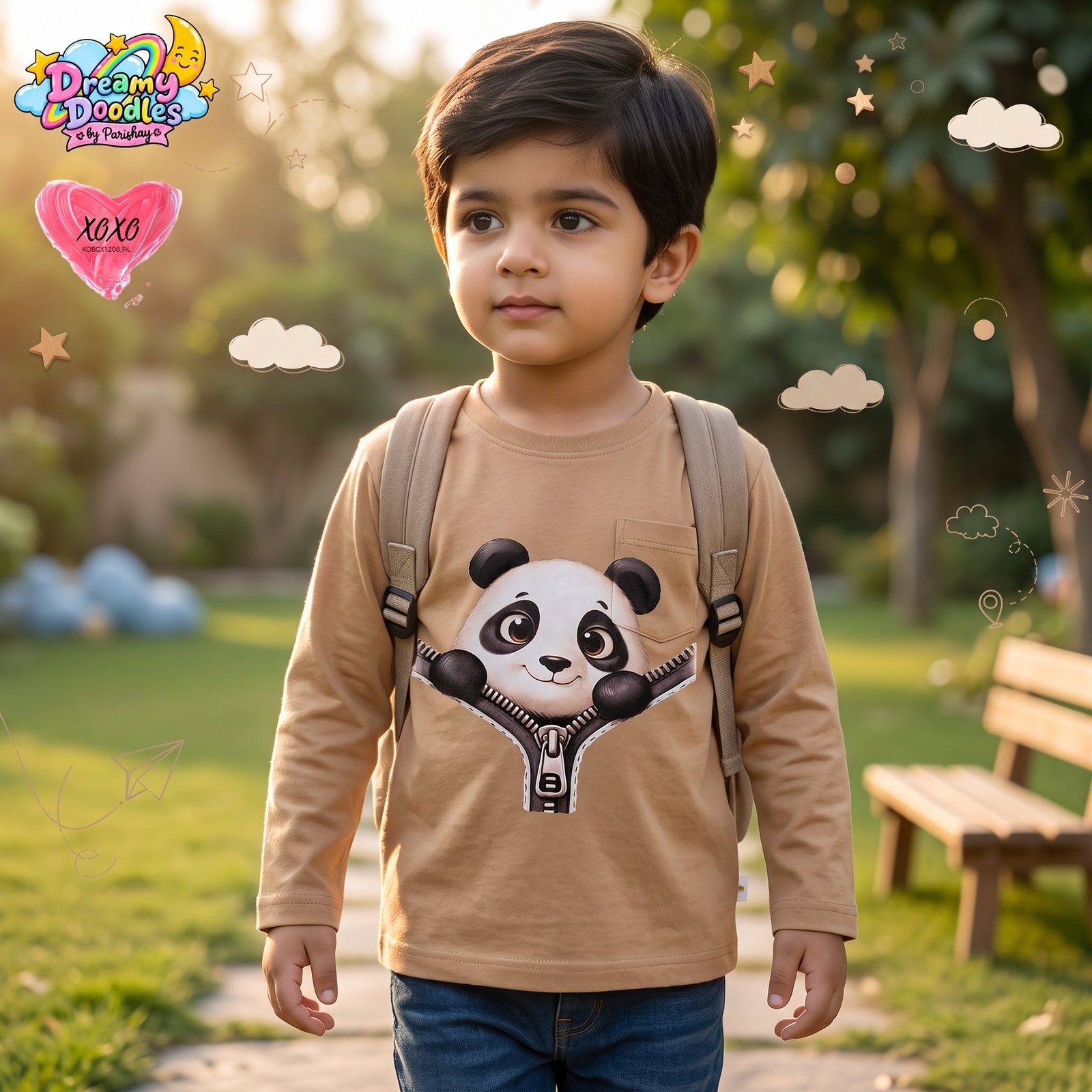 Dreamy Doodles Panda Zip-Up Design Boys Full-Sleeve Top — view 4