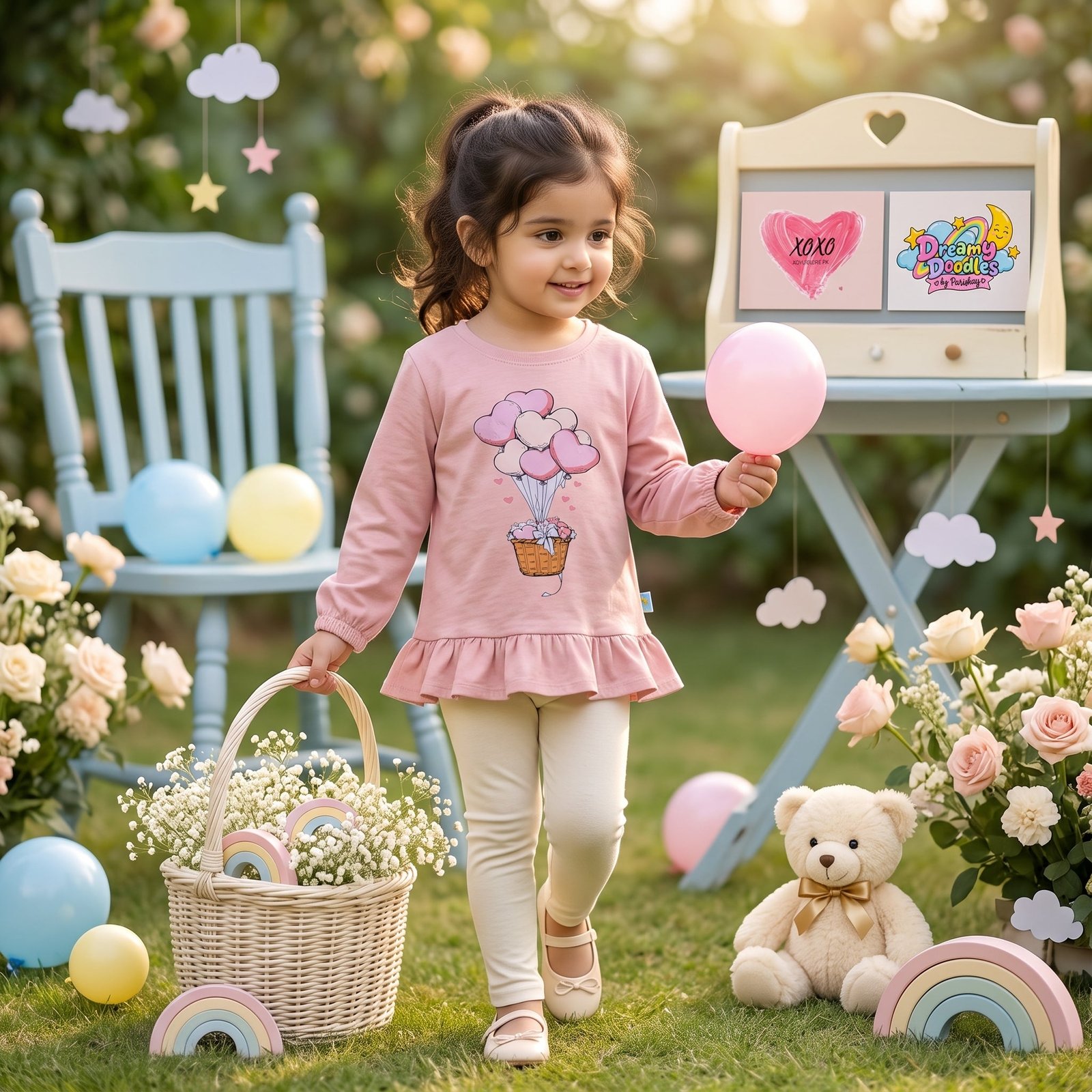 Dreamy Doodles Pink Balloon Basket Ruffle Top