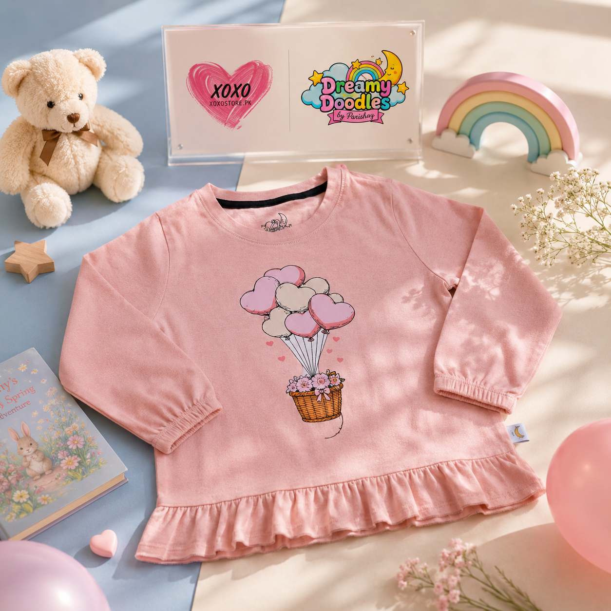 Dreamy Doodles Pink Balloon Basket Ruffle Top — view 4