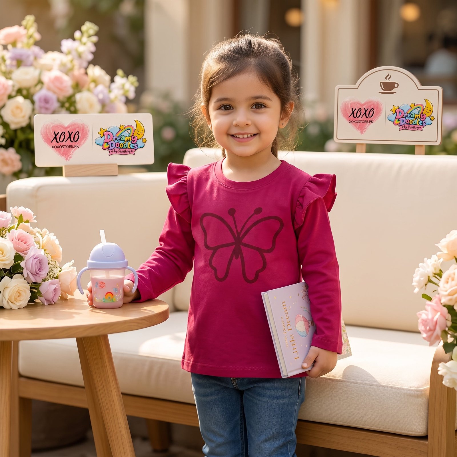 Dreamy Doodles Raspberry Butterfly Ruffle Sleeve Girls Top