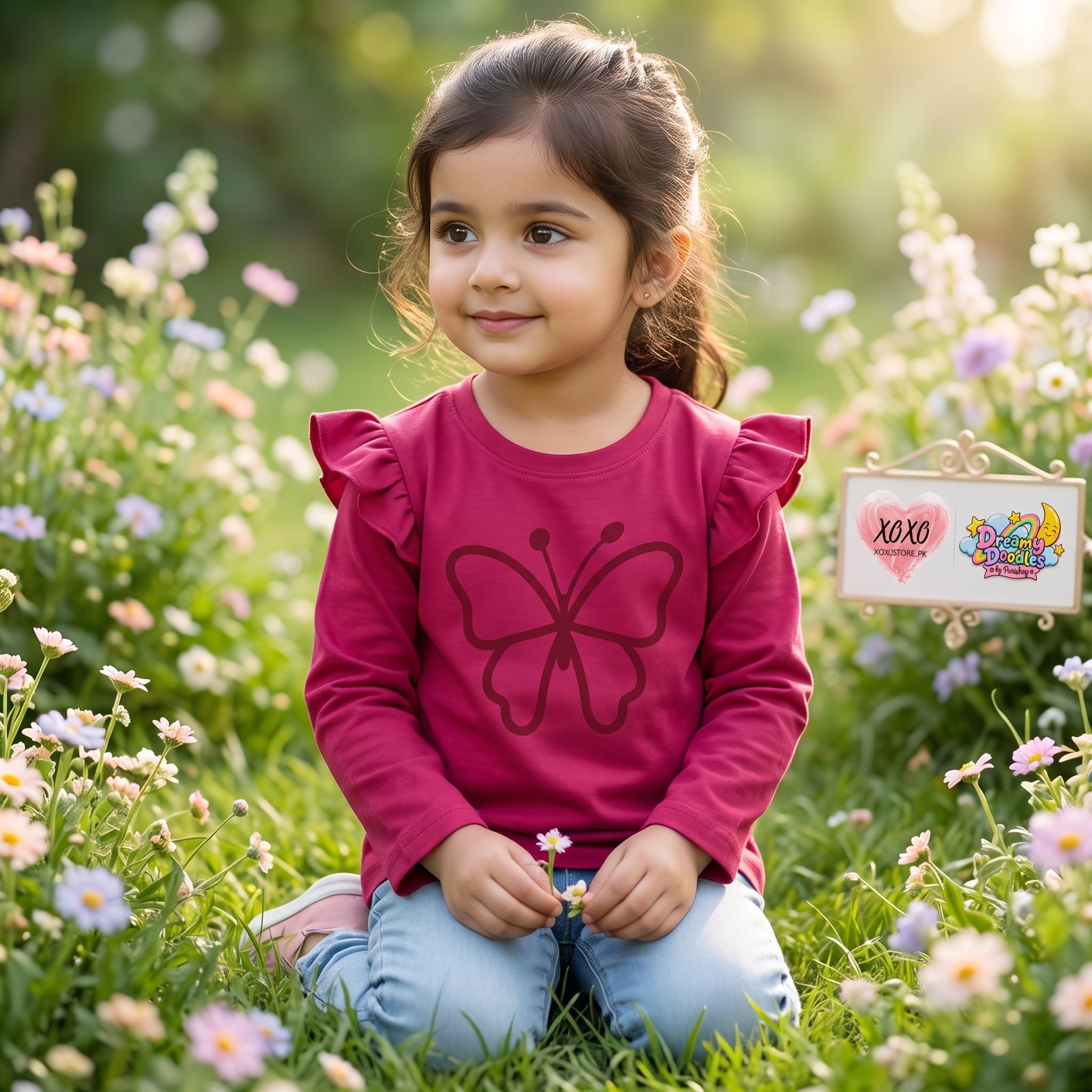 Dreamy Doodles Raspberry Butterfly Ruffle Sleeve Girls Top — view 3