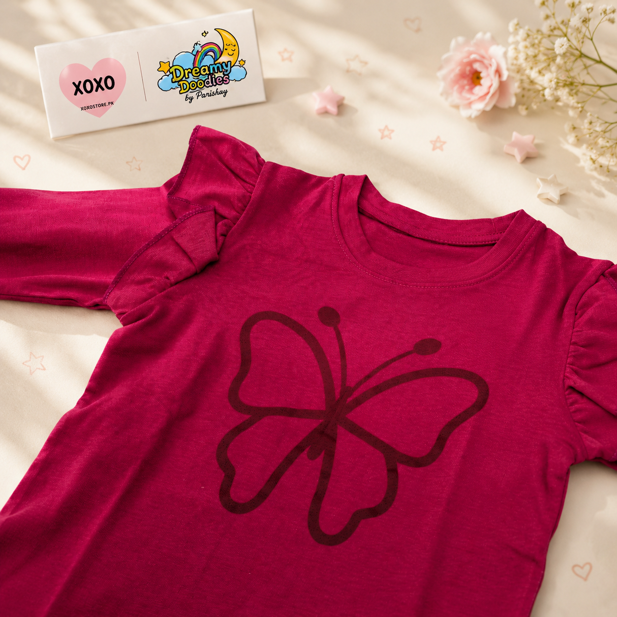 Dreamy Doodles Raspberry Butterfly Ruffle Sleeve Girls Top — view 5