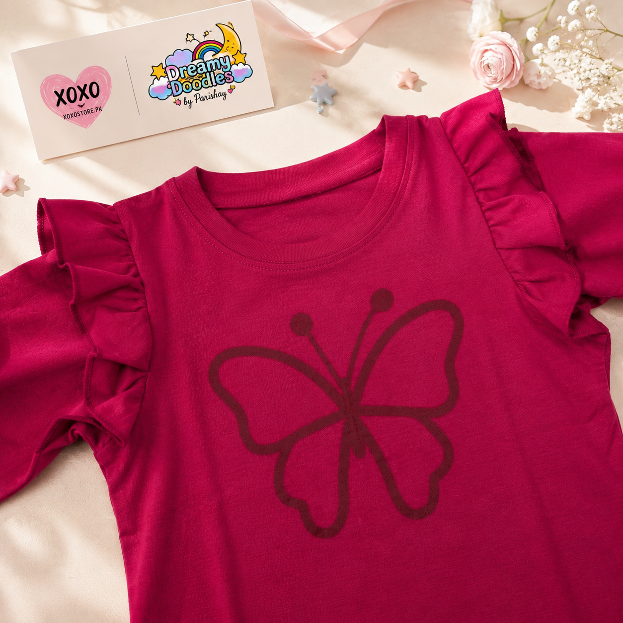 Dreamy Doodles Raspberry Butterfly Ruffle Sleeve Girls Top — view 6