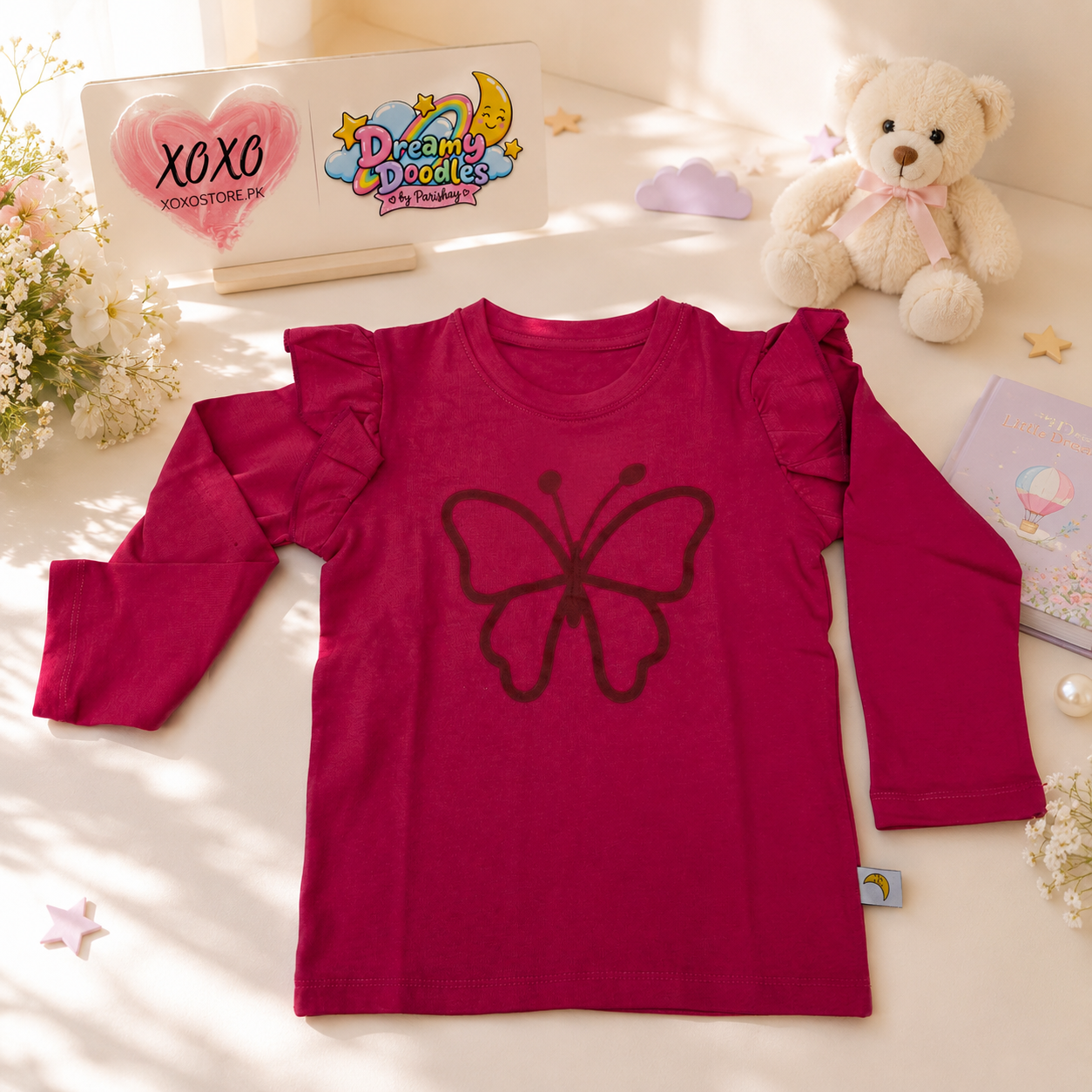 Dreamy Doodles Raspberry Butterfly Ruffle Sleeve Girls Top — view 7