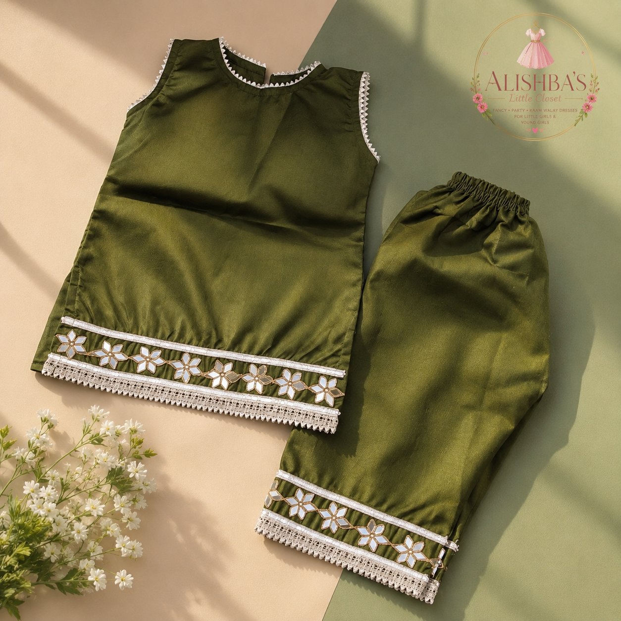 ✨ Olive Green Kattan Silk 2-Piece Suit