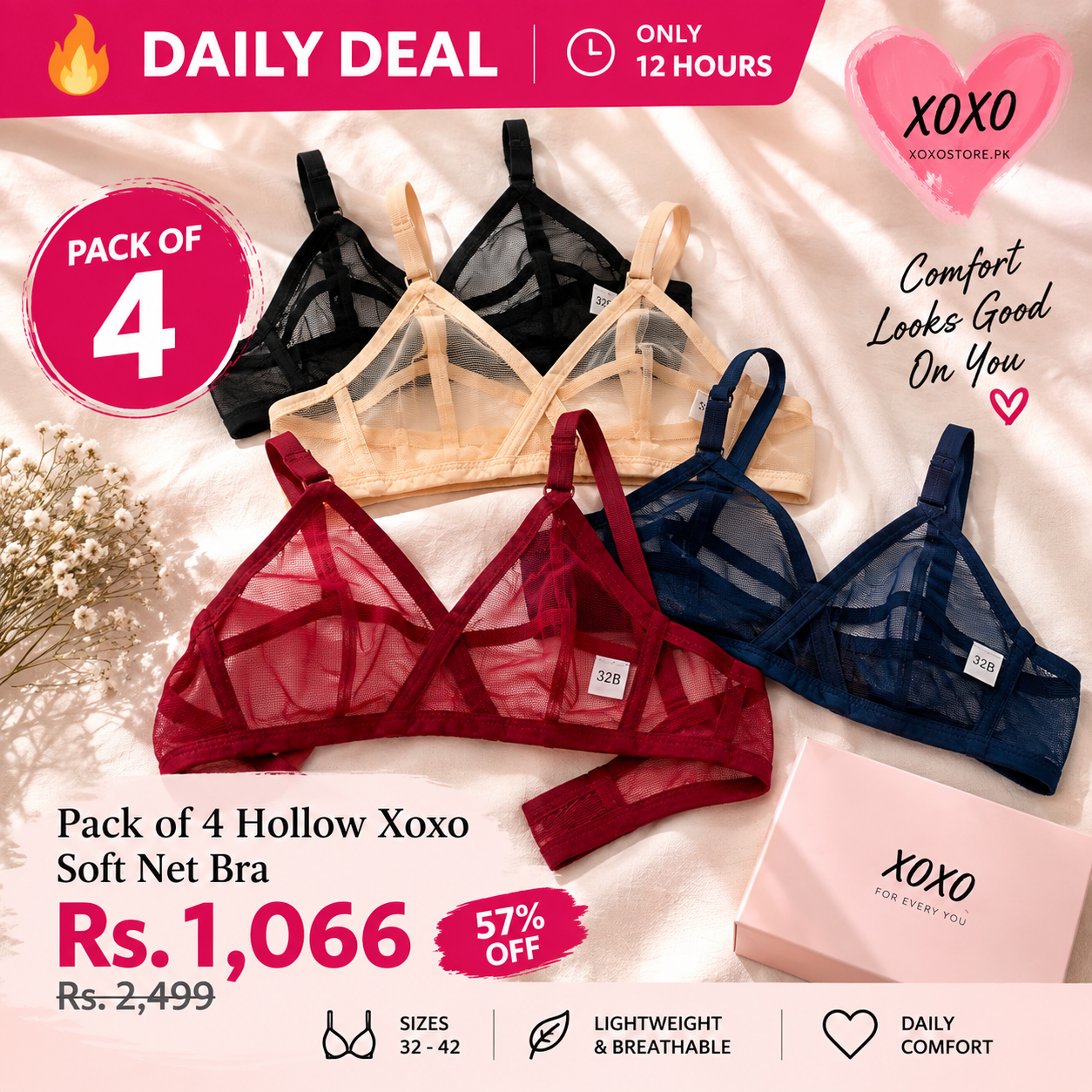 Pack of 4 Hollow Xoxo Soft Net Bra