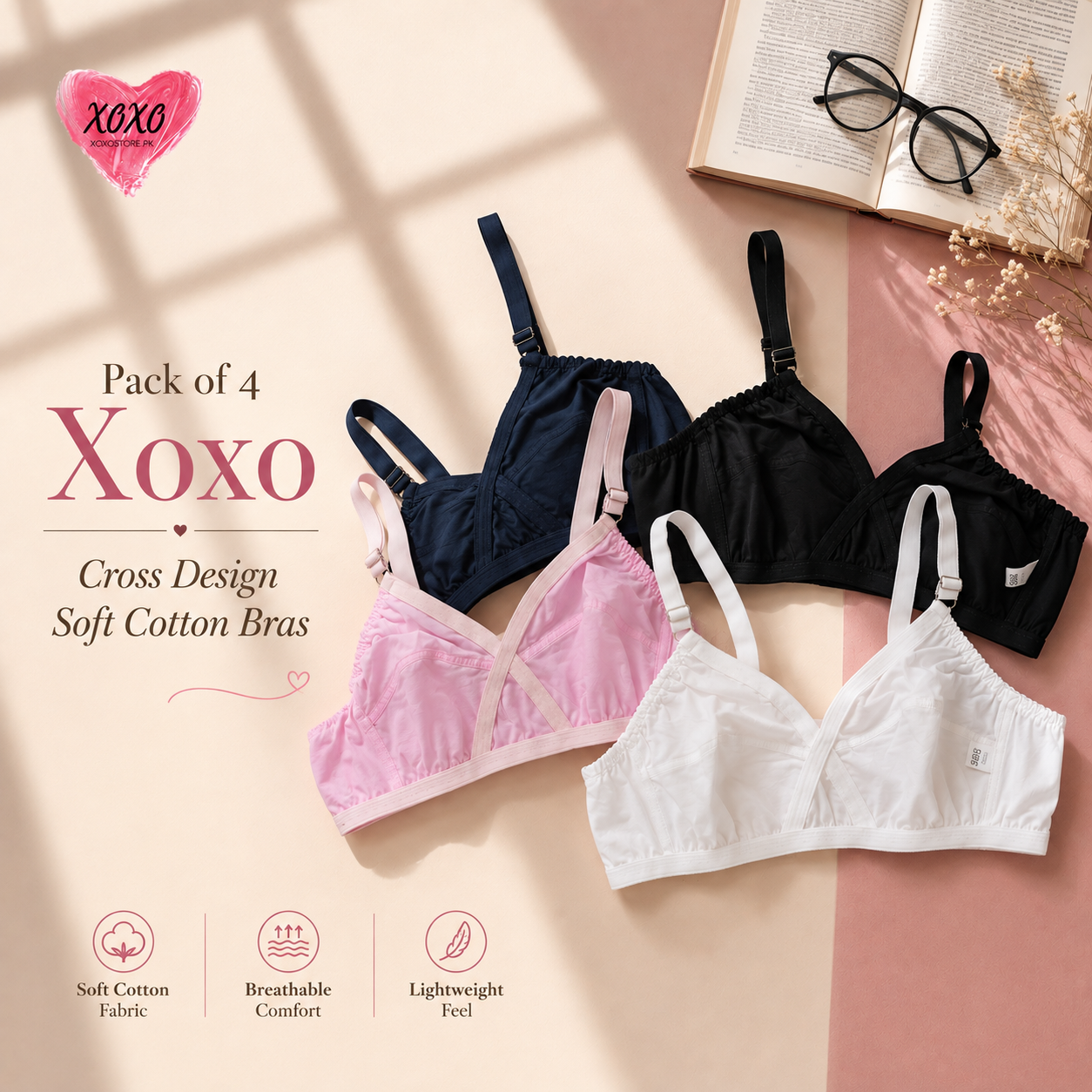 Pack of 4 Xoxo Cross Design Very Soft Cotton Bras — view 5