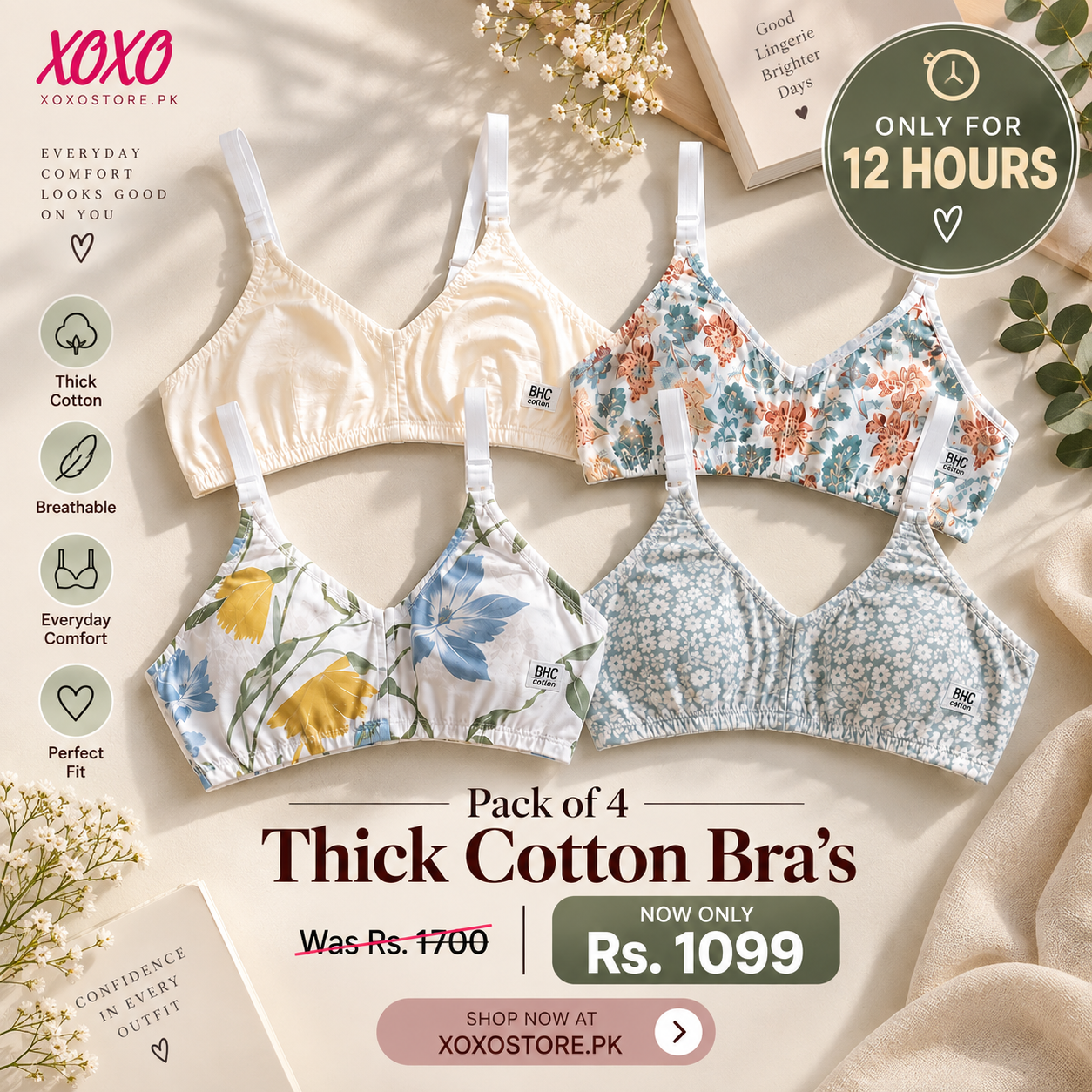 Pack of 4 Xoxo Digital Printed & Simple Thick  Cotton Bra's