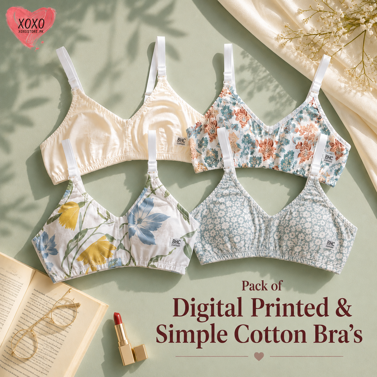 Pack of 4 Xoxo Digital Printed & Simple Thick  Cotton Bra's — view 2