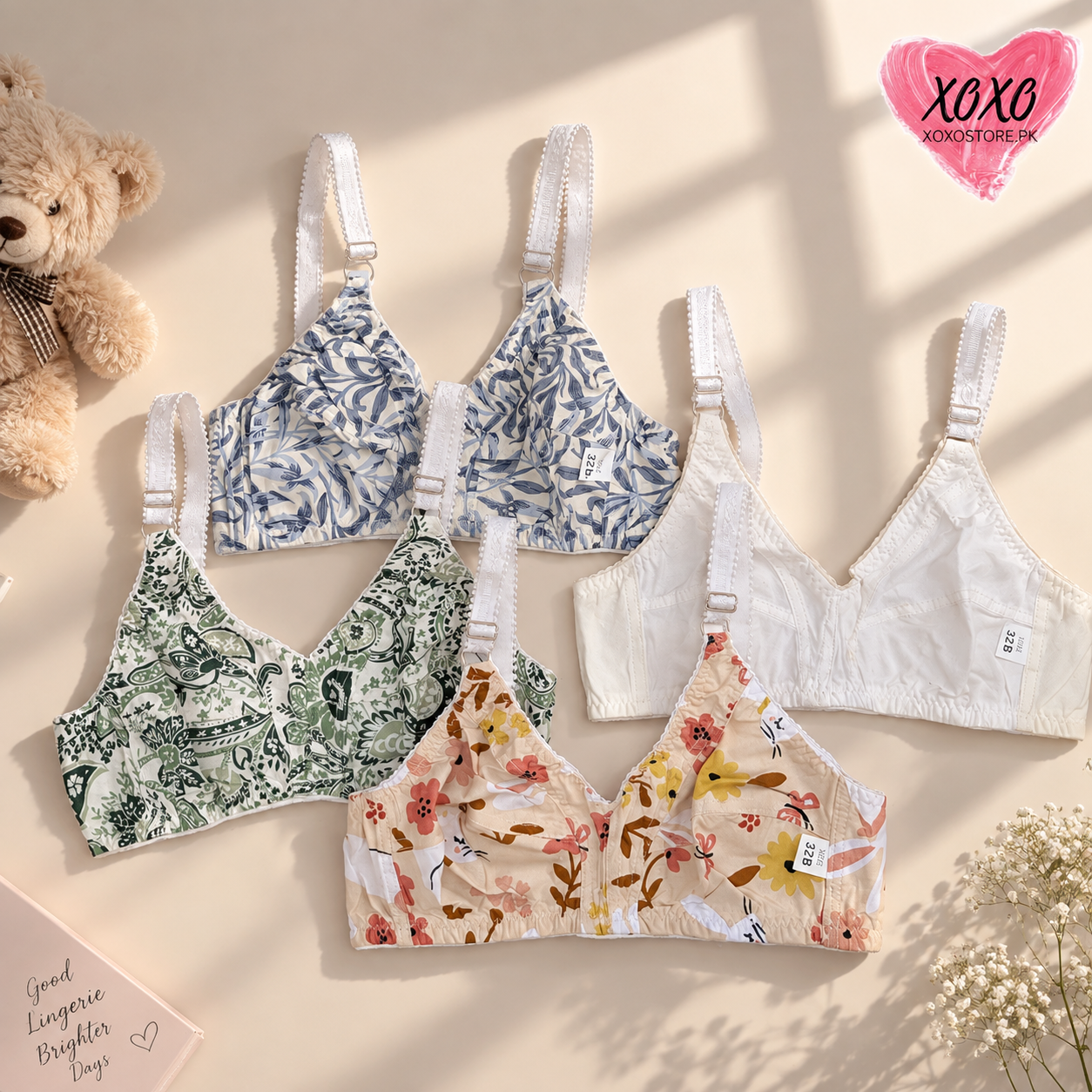 Pack of 4 Xoxo Digital Printed & Simple Thick  Cotton Bra's — view 11