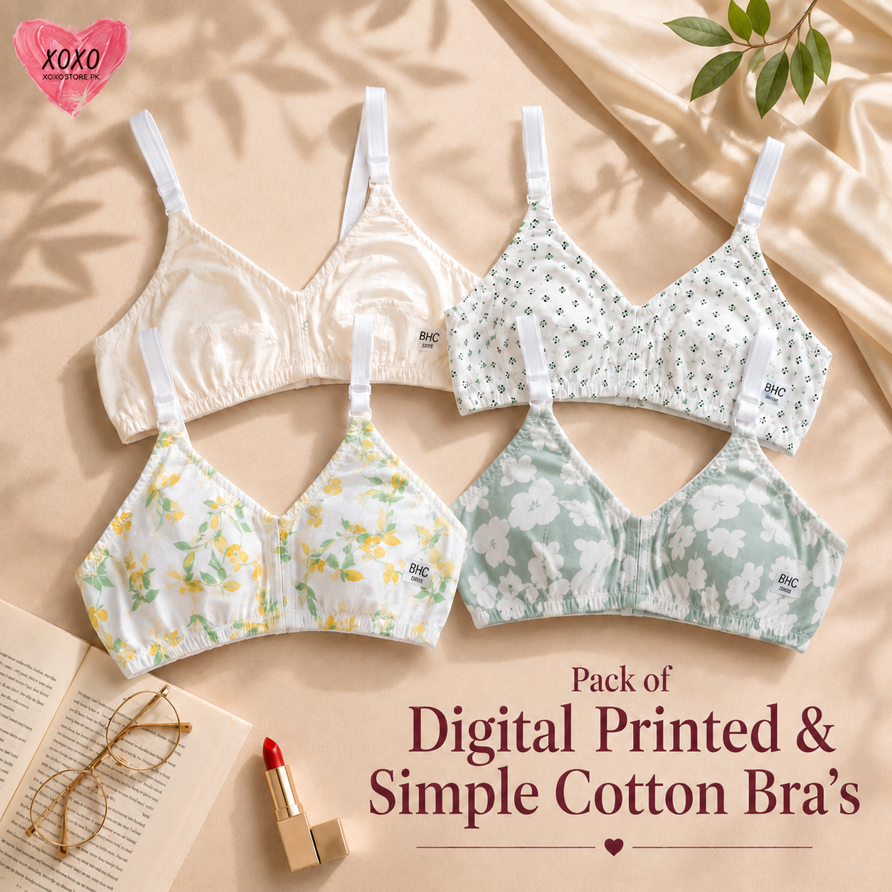 Pack of 4 Xoxo Digital Printed & Simple Thick  Cotton Bra's — view 3