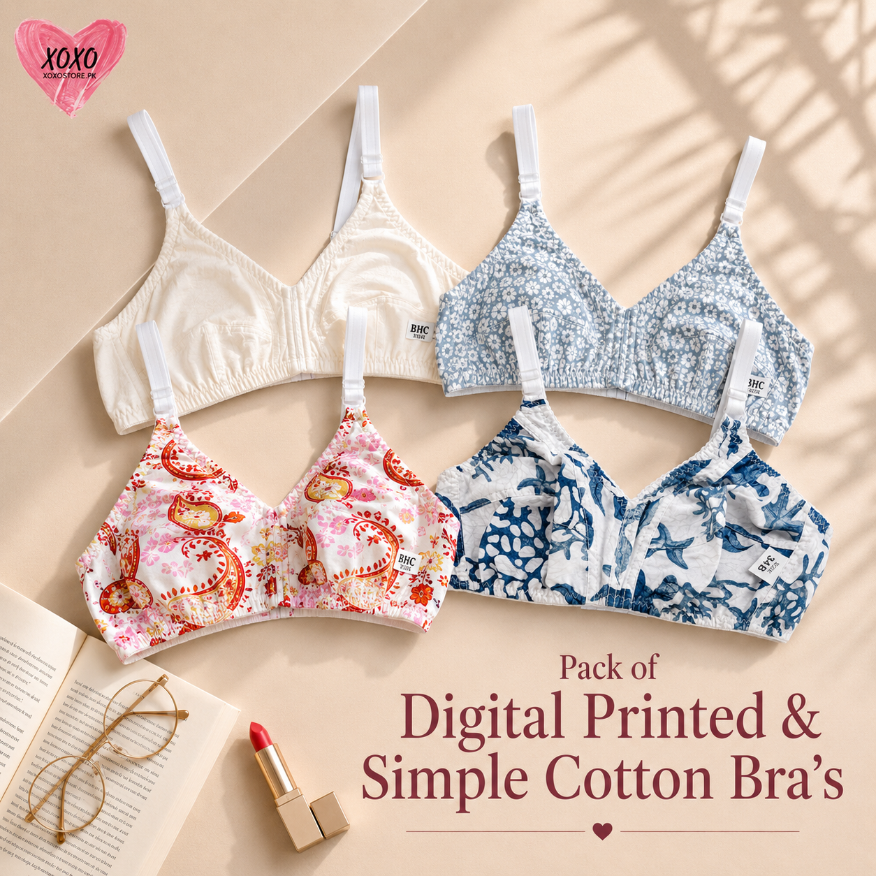 Pack of 4 Xoxo Digital Printed & Simple Thick  Cotton Bra's — view 4