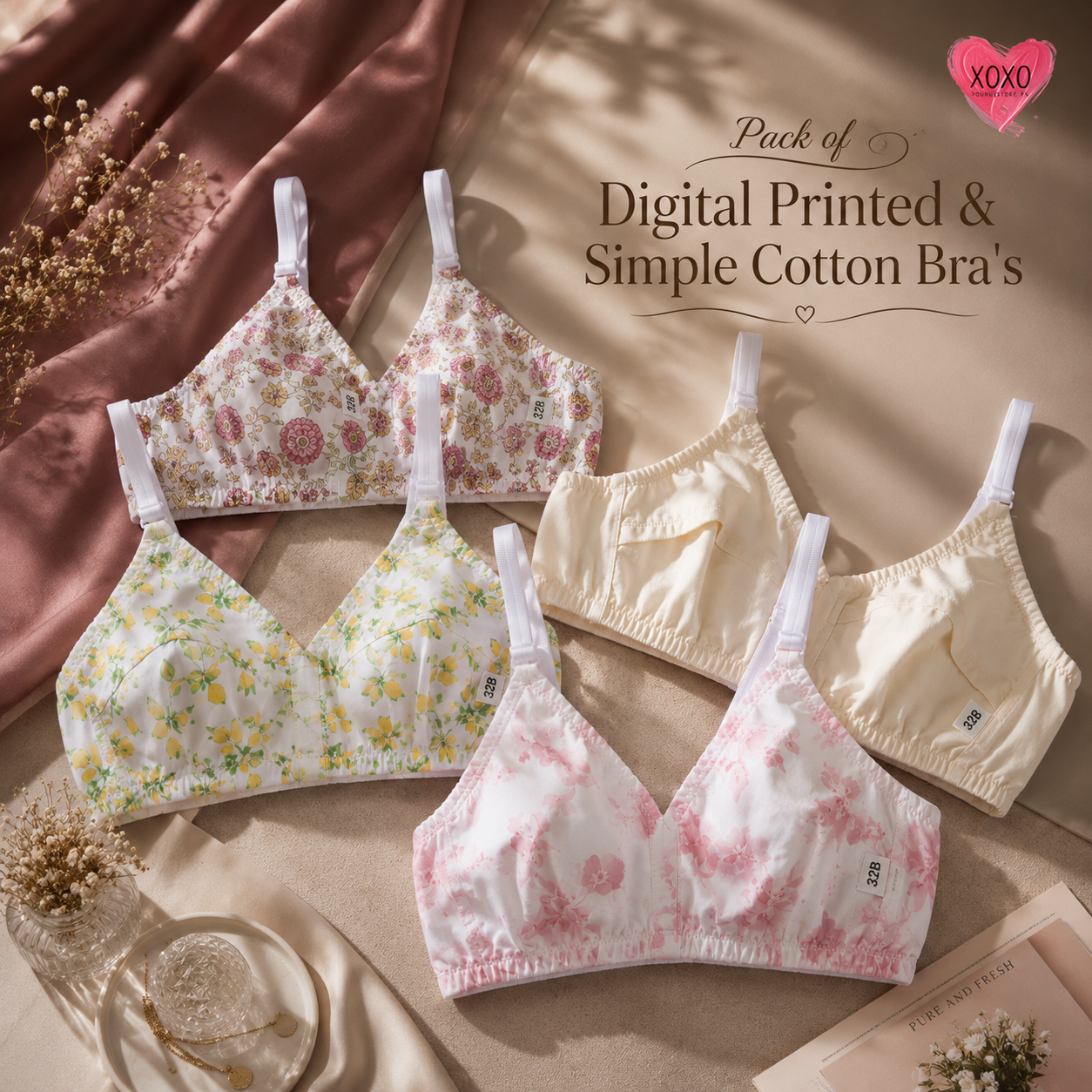 Pack of 4 Xoxo Digital Printed & Simple Thick  Cotton Bra's — view 5