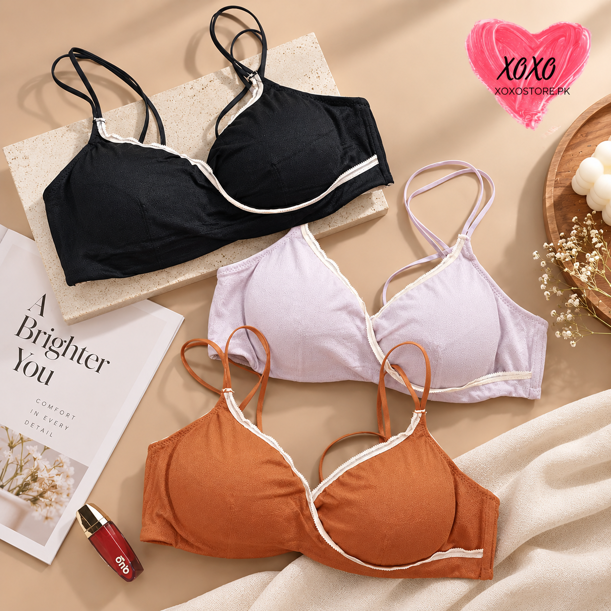 Xoxo Light Padded Double Stripped Laced Bra